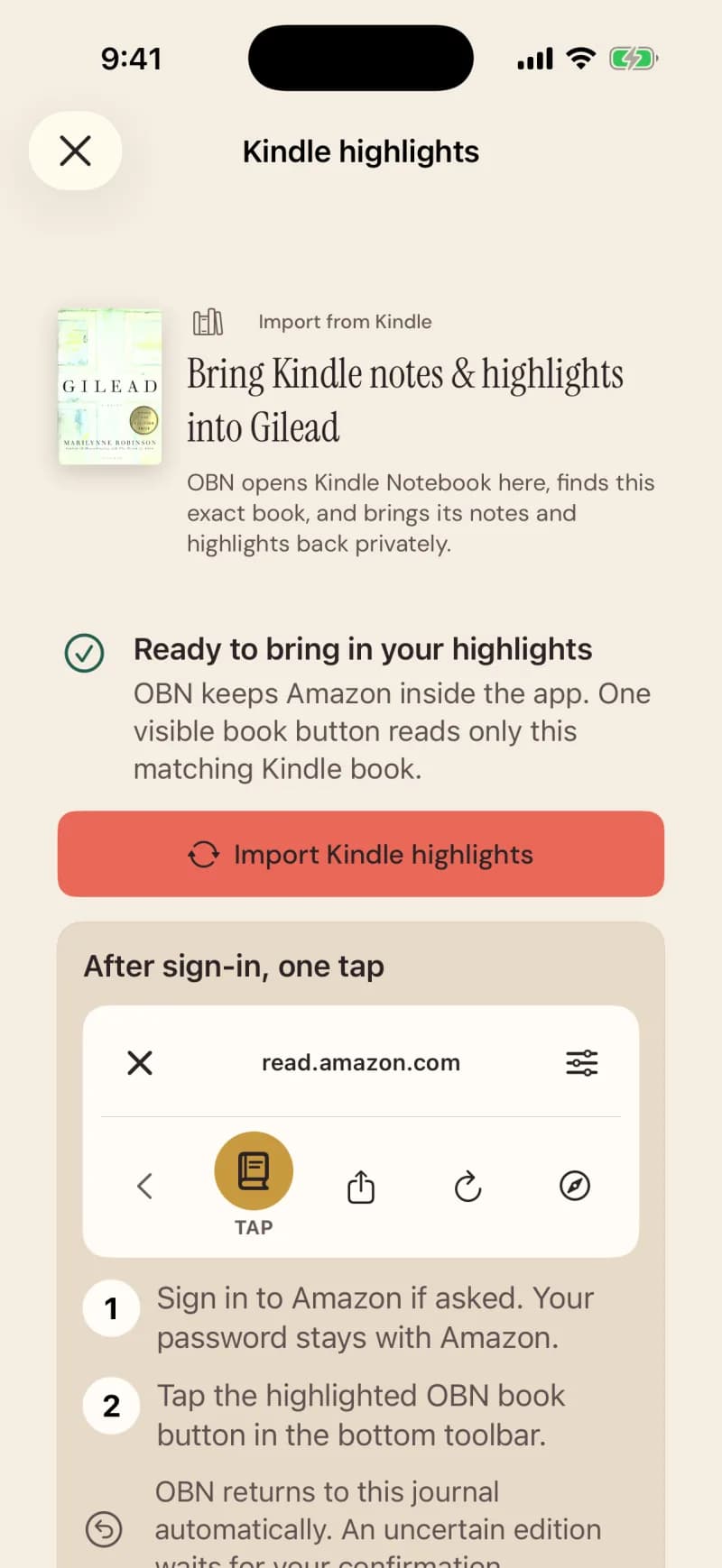 Kindle highlights, inside the app: Bring Kindle notes and highlights into Gilead, Import Kindle highlights, and the one-tap coach for after sign-in