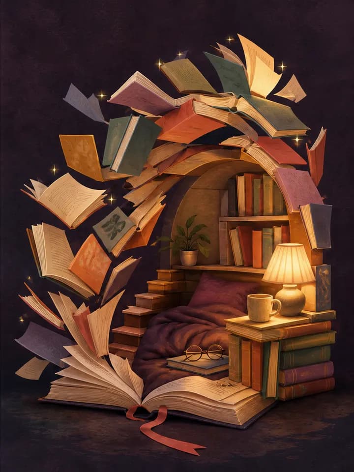 Books and loose pages settle into an arch around a lamp, a cushion, a mug and an open book