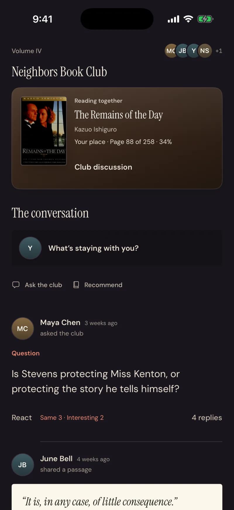 A club conversation: a question about the book, replies, reactions