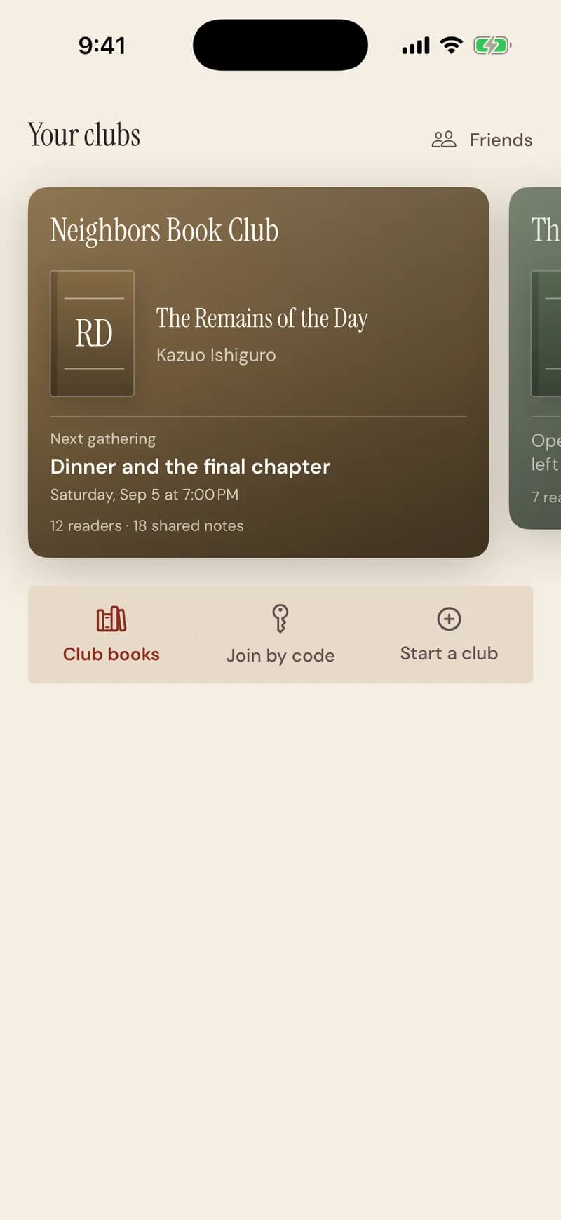Clubs: Neighbors Book Club, the current book, the next meeting