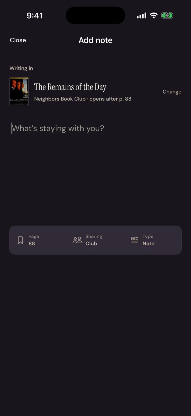 Add note: what is staying with you, with the page, the sharing choice and the note type folded away