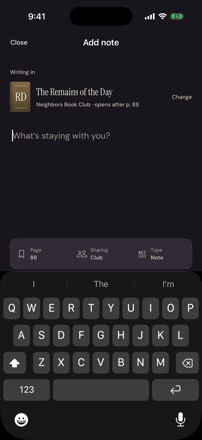 Add note: what is staying with you, with the page, the sharing choice and the note type folded away