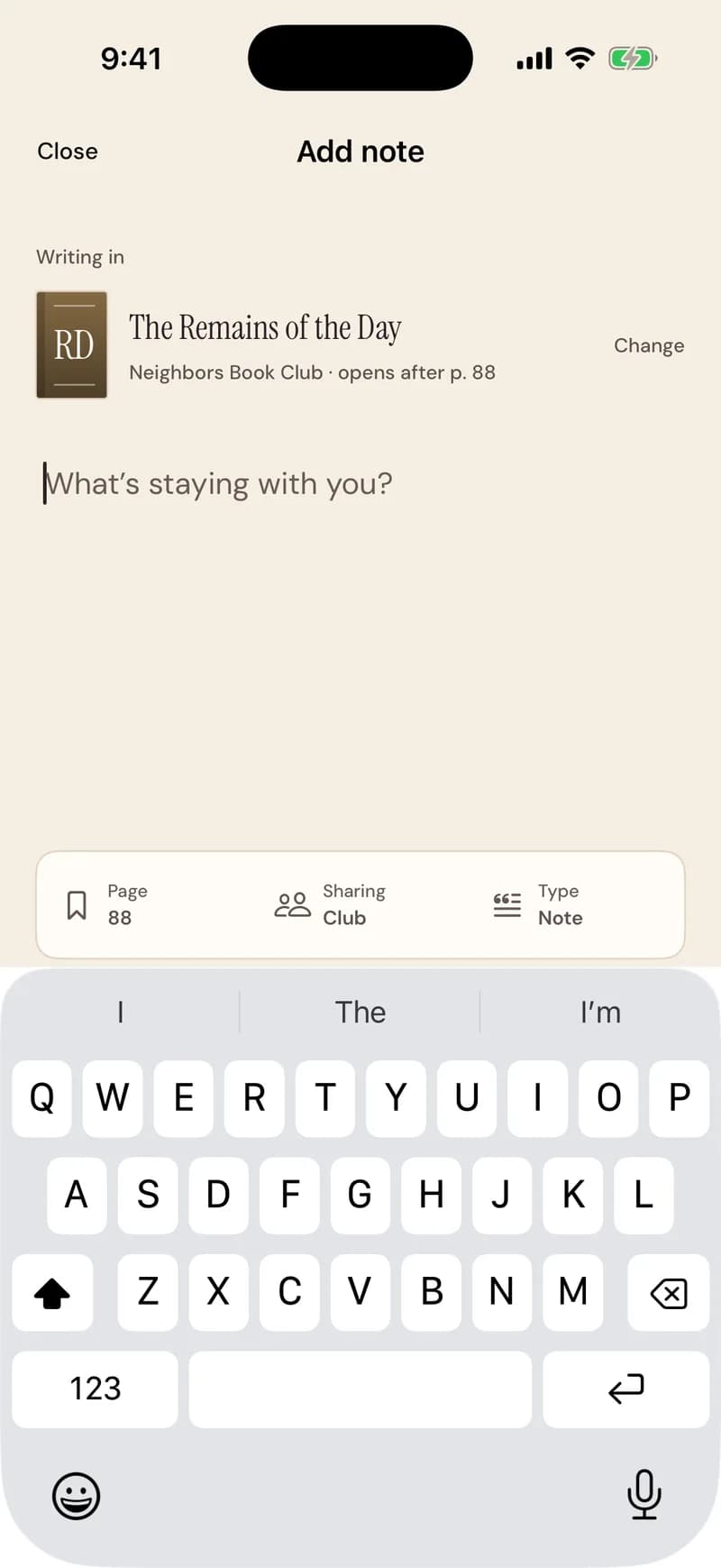 Add note: what is staying with you, with the page, the sharing choice and the note type folded away