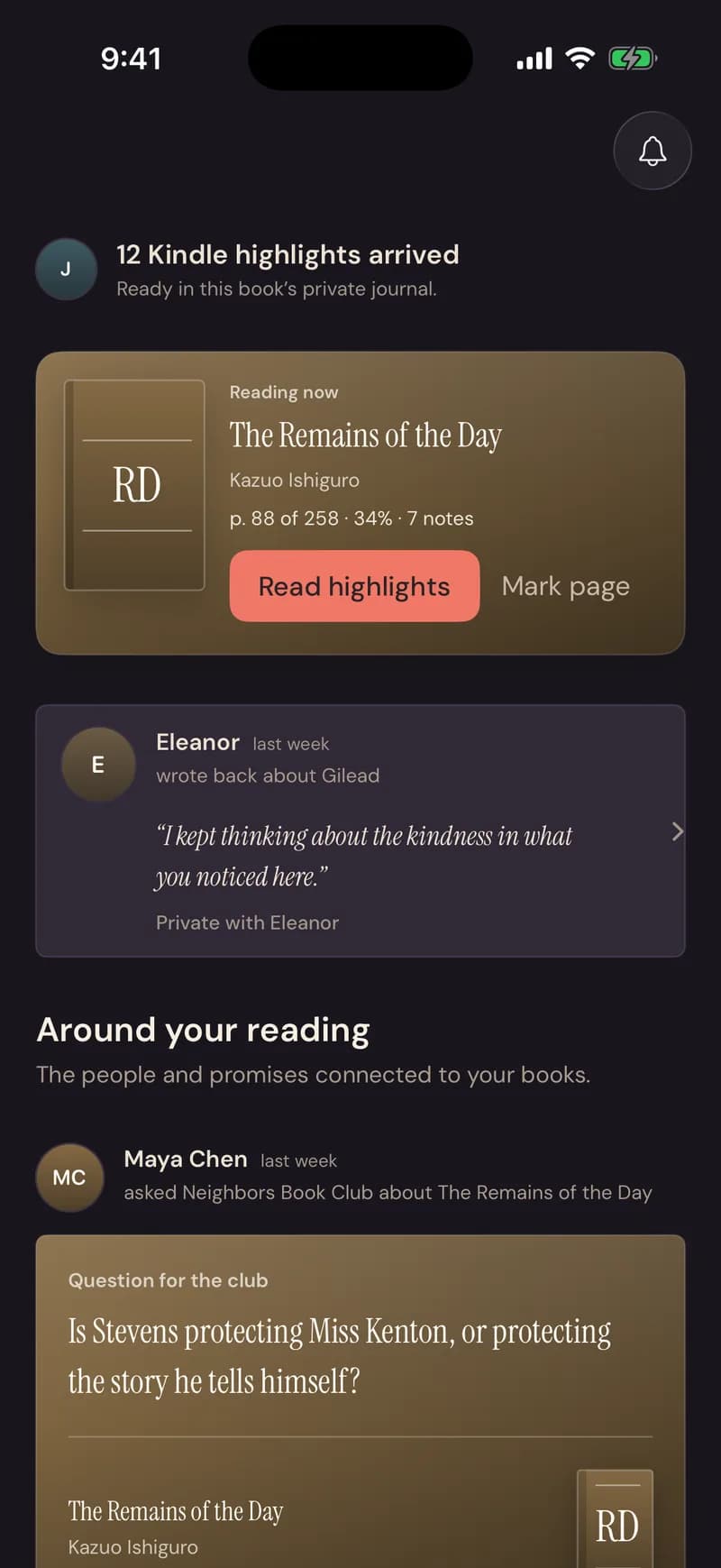 Home: 12 Kindle highlights arrived, the book you are reading, and what people sent you