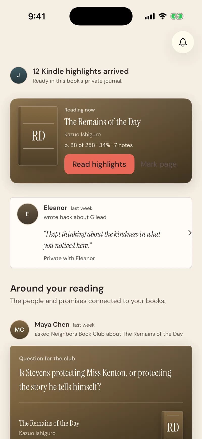 Home: 12 Kindle highlights arrived, the book you are reading, and what people sent you