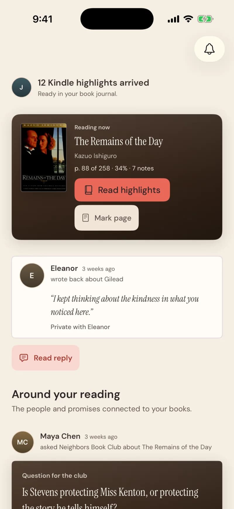 Home: 12 Kindle highlights arrived, the book you are reading, and what people sent you
