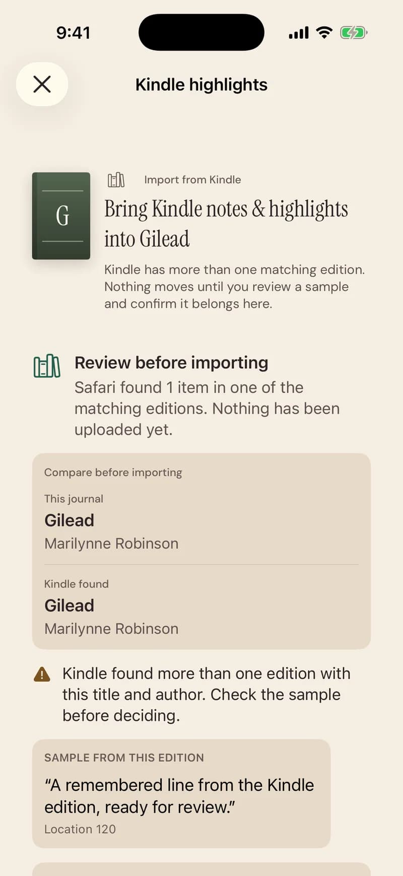 Kindle highlights, stopped before importing: Kindle has more than one matching edition, nothing moves until you review a sample and confirm it belongs here