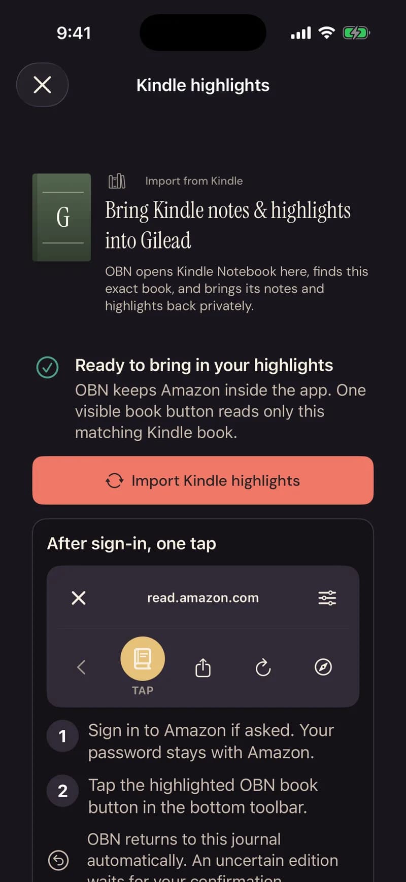 Kindle highlights: bring Kindle notes and highlights into this book, one tap after sign-in
