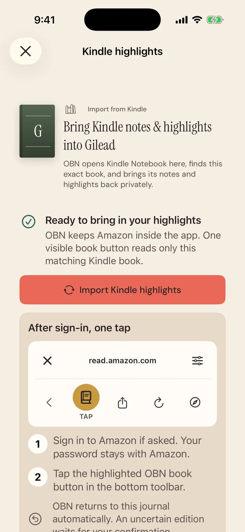 Kindle highlights, inside the app: Bring Kindle notes and highlights into Gilead, Import Kindle highlights, and the one-tap coach for after sign-in