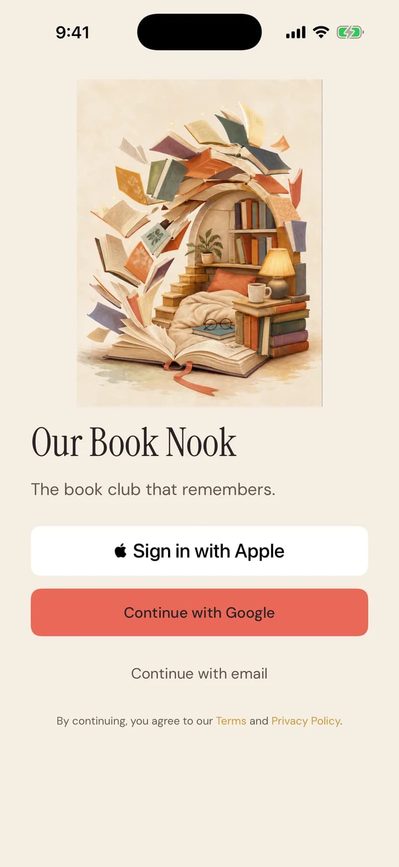 Sign in with Apple, continue with Google, or continue with email