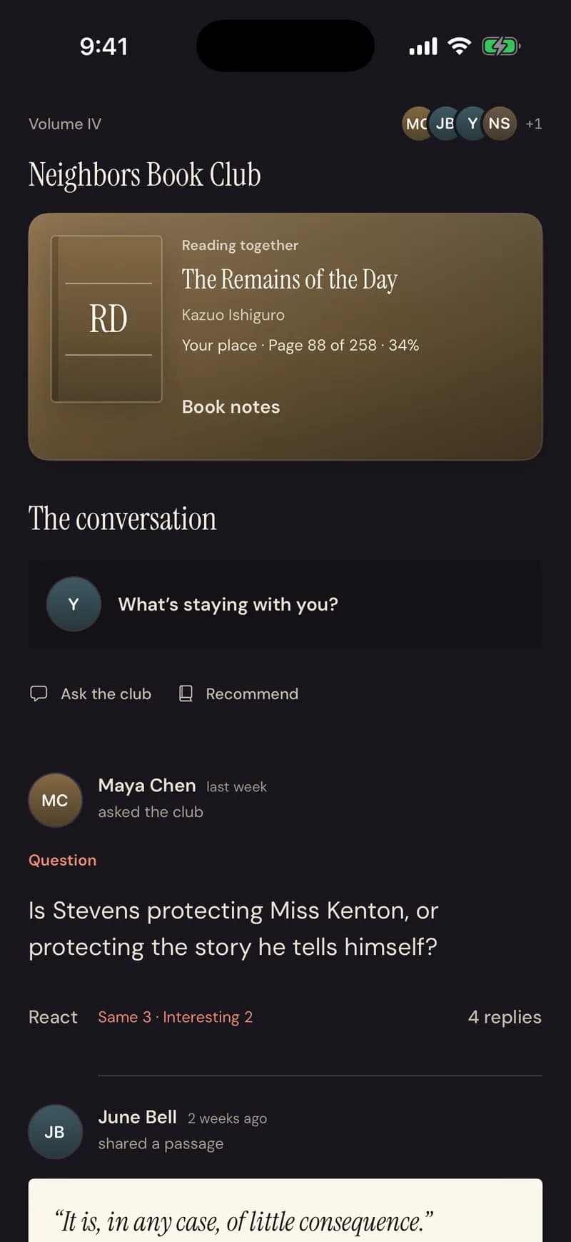 A club conversation: a question about the book, replies, reactions