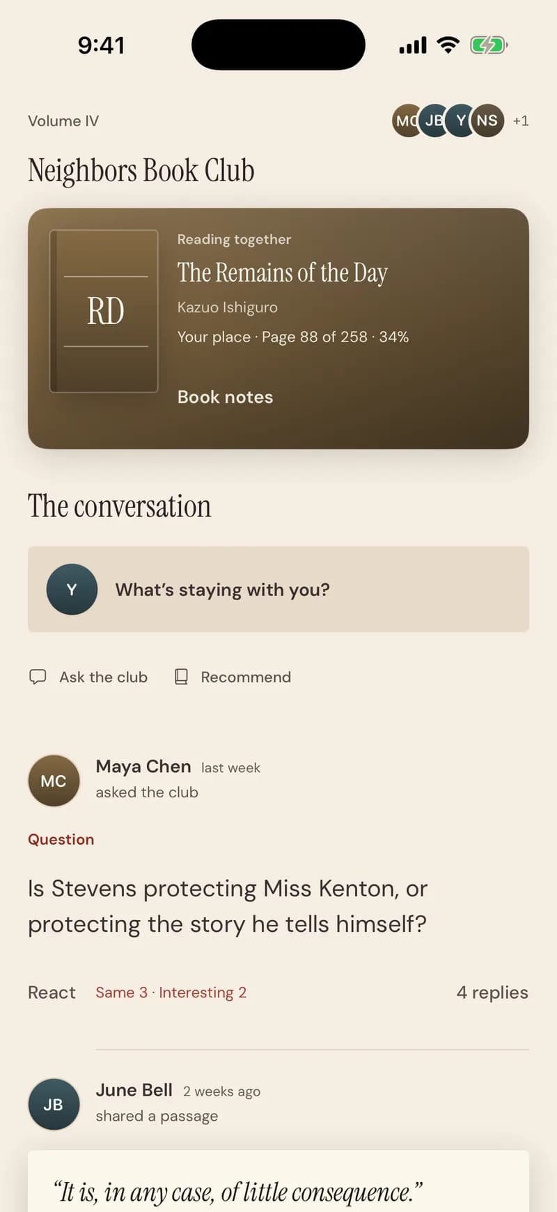 A club conversation: a question about the book, replies, reactions
