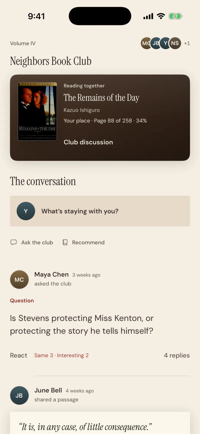 A club conversation: a question about the book, replies, reactions